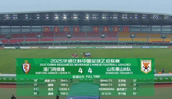 中乙第12轮：海门珂缔缘4-4泰山B队，广州蒲公英2-1蓉城B队